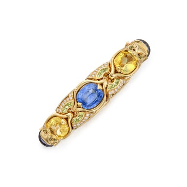 View full screen - View 1 of Lot 490. Gold, Sapphire, Peridot and Diamond Bracelet | 寶格麗 | 黃金配藍寶石、橄欖石及鑽石手鐲.