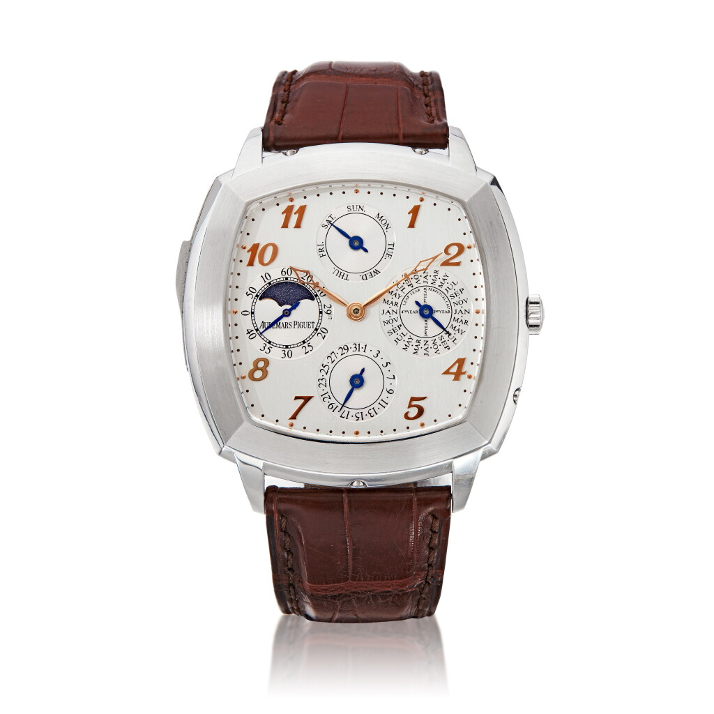 View full screen - View 1 of Lot 22. Reference 26052BC Tradition Perpetual Calendar Minute Repeater A rare oversized cushion shaped perpetual calendar minute repeating wristwatch with moon phases, Circa 2012 愛彼 26052BC型號 Tradition Perpetual Calendar Minute Repeater 罕有特大萬年曆三問腕錶備月相顯示,約2012年製.