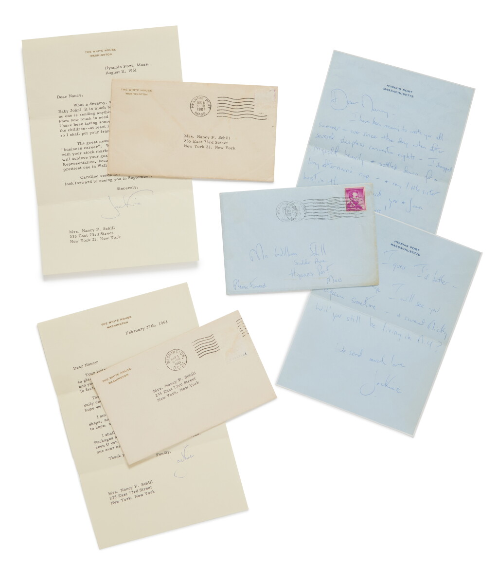 View full screen - View 1 of Lot 1056. Kennedy, Jacqueline | Three autograph letters signed, to Nancy Schill.
