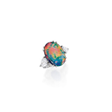 View full screen - View 1 of Lot 484. BLACK OPAL AND DIAMOND RING | 黑色蛋白石配鑽石戒指.