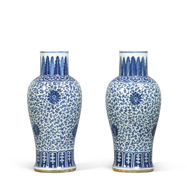 View full screen - View 1 of Lot 210. A pair of blue and white 'floral' vases, Qing dynasty, Kangxi period.