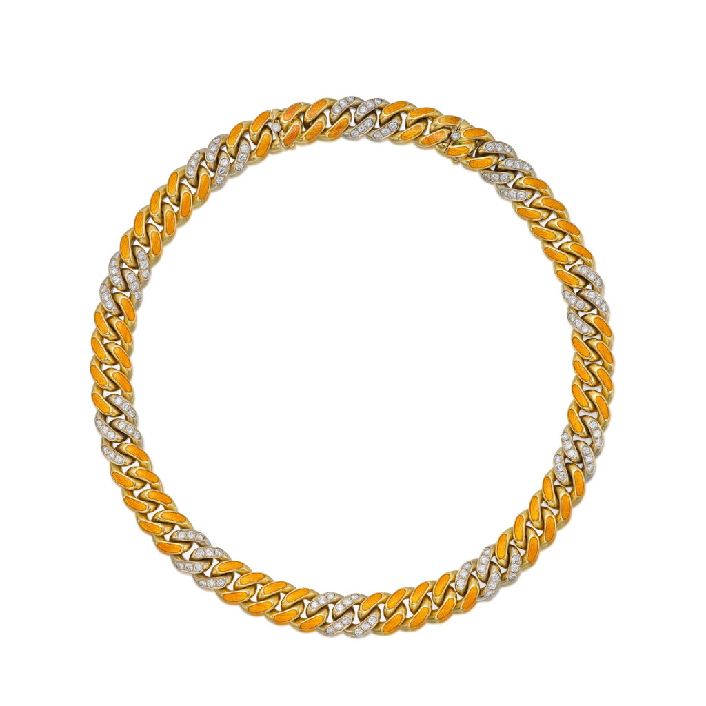 View full screen - View 1 of Lot 215. Gold, Enamel and Diamond Necklace.