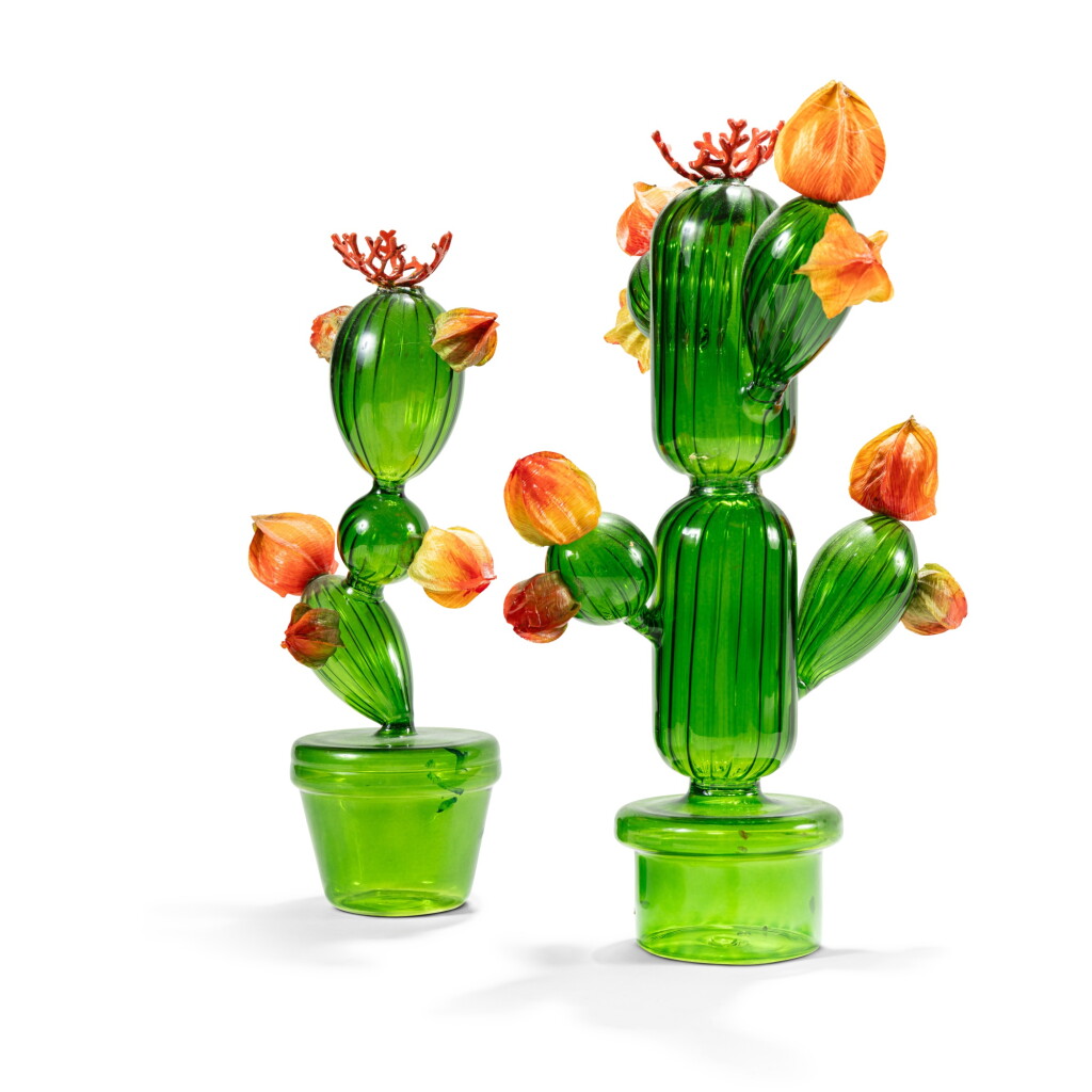 View full screen - View 1 of Lot 109. A set of two green tinted glass and with orange fabric flowers cactus, modern.