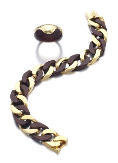 View full screen - View 1 of Lot 103. GOLD AND WOOD BRACELET, AND A RING, VAN CLEEF & ARPELS.