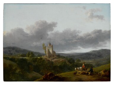 View full screen - View 1 of Lot 421. Landscape with shepherds, cow, and sheep.