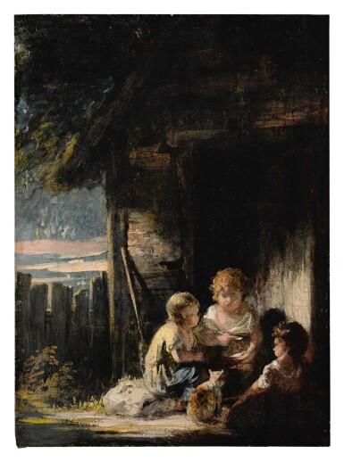 View full screen - View 1 of Lot 133. Sold Without Reserve | CIRCLE OF SIR JOSHUA REYNOLDS, P.R.A. | THREE CHILDREN OUTSIDE A COTTAGE DOOR WITH A CAT.