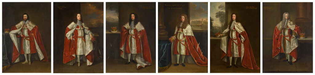 View full screen - View 1 of Lot 87. A set of six Noel family portraits comprising: Edward Noel, 2nd Viscount Campden (1582–1643); Baptist Noel, 3rd Viscount Campden (1612–1682); Edward Noel, 1st Earl of Gainsborough (1641–1689); Wriothesley Baptist Noel, 2nd Earl of Gainsborough (circa 1661–1690); Baptist Noel, 3rd Earl of Gainsborough (1684–1714); Baptist Noel, 4th Earl of Gainsborough (1708–1751).