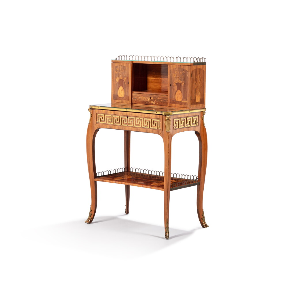 View full screen - View 1 of Lot 86. A Louis XV gilt-bronze mounted kingwood, tulipwood, Rio rosewood marquetered bonheur du jour, stamped by RVLC, circa 1760.