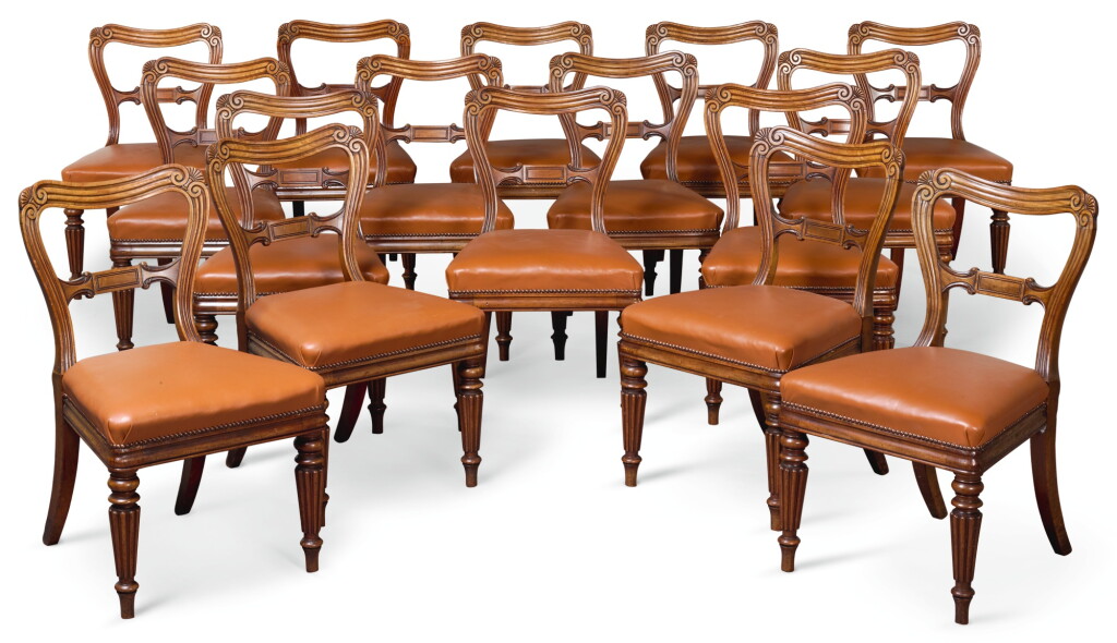 View full screen - View 1 of Lot 55. A SET OF SIXTEEN GEORGE IV MAHOGANY DINING CHAIRS, CIRCA 1820, ALMOST CERTAINLY BY GILLOWS.