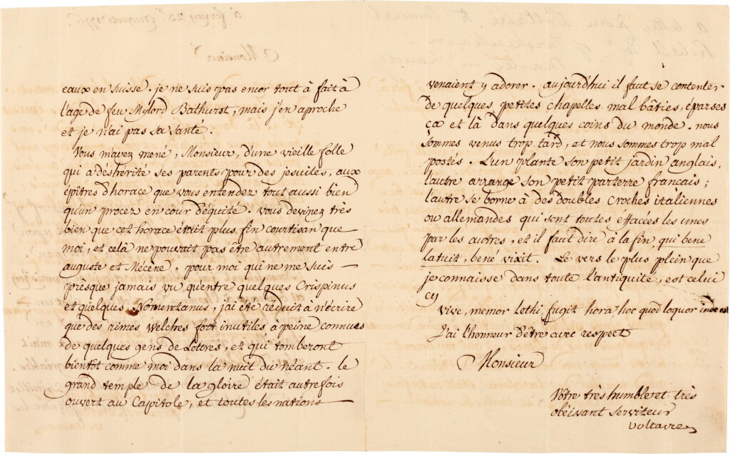 View full screen - View 1 of Lot 121. Voltaire | letter signed, to Samuel Pechell, 23 August 1776.