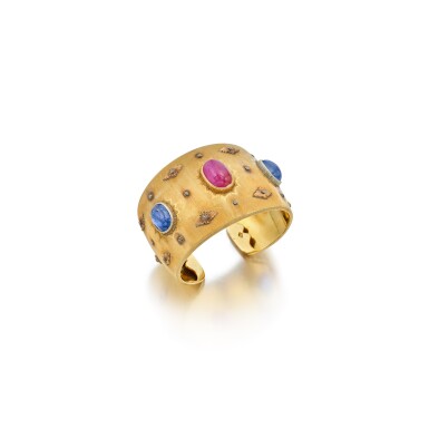 View full screen - View 1 of Lot 103. Gold, Ruby and Sapphire Cuff-Bracelet.