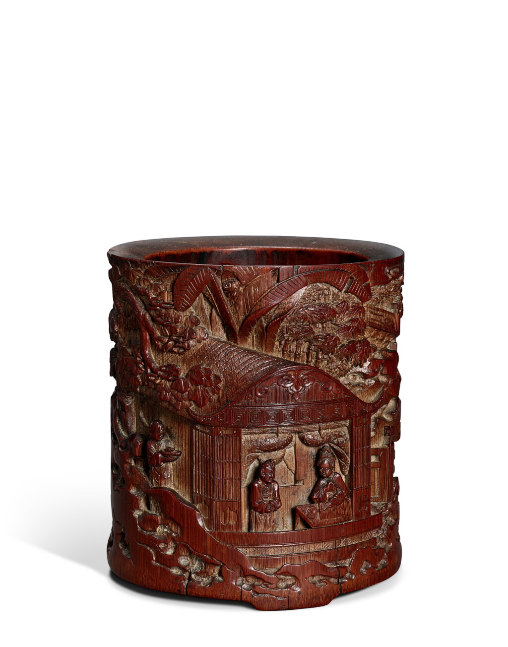 View full screen - View 1 of Lot 9891. A bamboo carved 'meiren' brushpot, Late Ming dynasty | 明末 竹雕美人樓閣圖筆筒.