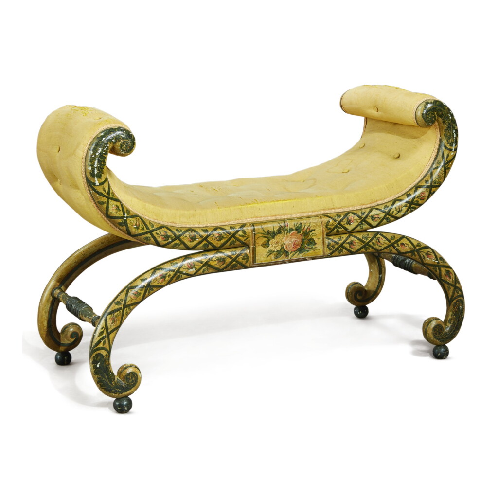 View full screen - View 1 of Lot 351. A REGENCY POLYCHROME PAINTED AND YELLOW UPHOLSTERED X-FRAME WINDOW SEAT, CIRCA 1810.