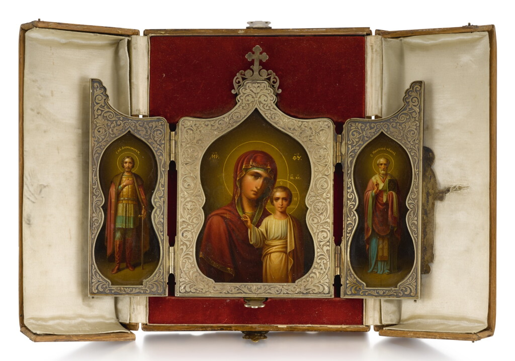 View full screen - View 1 of Lot 507. A SILVER-GILT TRIPTYCH ICON, MAKER'S MARK DS (CYRIILIC), MOSCOW, 1899-1908.