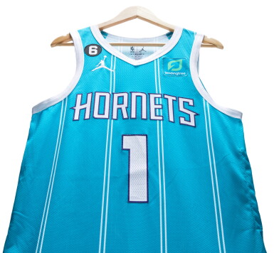 View full screen - View 1 of Lot 13. LaMelo Ball Charlotte Hornets 2022-2023 Game Worn Away Jersey.