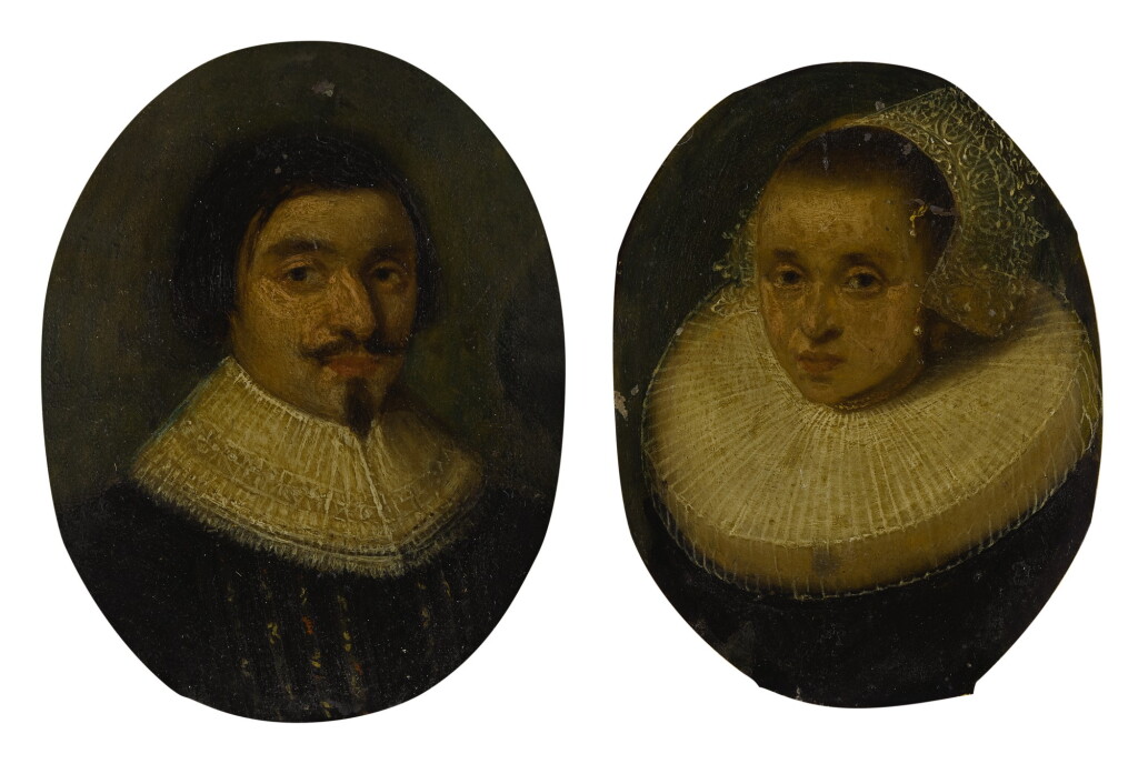 View full screen - View 1 of Lot 54. Sold Without Reserve | AMSTERDAM SCHOOL, CIRCA 1630 | PORTRAIT OF A GENTLEMAN, BUST LENGTH, WEARING A RUFF; PORTRAIT OF A LADY, BUST LENGTH, WEARING A RUFFLED COLLAR AND WHITE LACE BONNET.