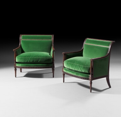 View full screen - View 1 of Lot 131. Pair of late Louis XVI carved mahogany and beechwood marquises, stamped I. IACOB, circa 1790 | Paire de marquises en acajou, hêtre et placage d'acajou, fin de l'époque Louis XVI, vers 1790, estampillée I. IACOB.