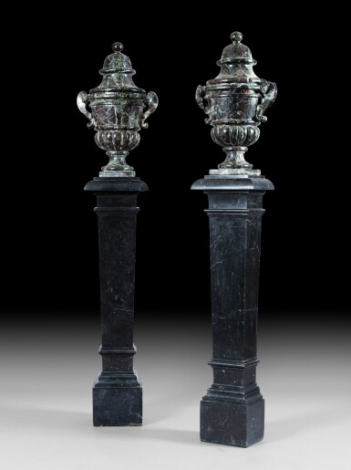 View full screen - View 1 of Lot 13. A pair of green marble vases, Italian or French, late 17th - early 18th century | Paire de grands vases d'ornement en marbre campan à fond vert et veiné rouge, Italie ou France, fin du XVIIème-début XVIIIème siècle.
