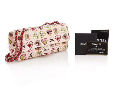 View full screen - View 1 of Lot 103. CHANEL | HEART PRINTED CANVAS AND LEATHER WITH GOLD-TONE METAL CLASSIC SHOULDER BAG.