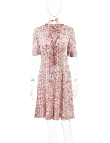 View full screen - View 1 of Lot 95. CHANEL | PINK BEADED NECKLACE AND MULTICOLOR SILK DRESS .