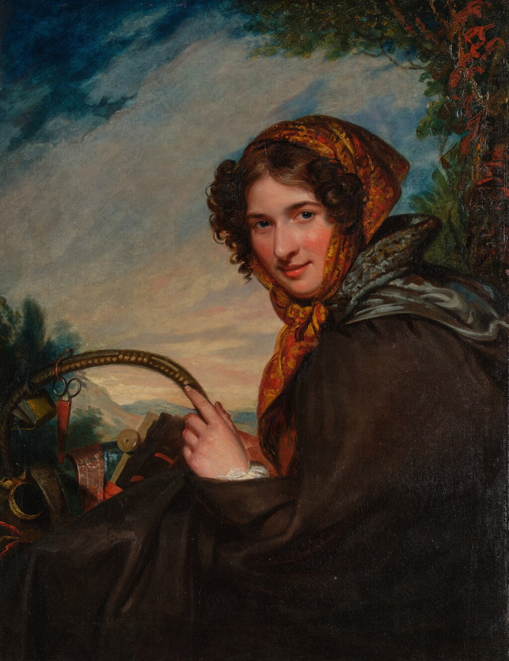 View full screen - View 1 of Lot 56. Portrait of a woman, half-length, with a basket of books and sewing implements.