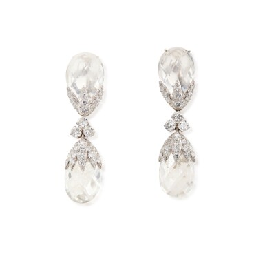 View full screen - View 1 of Lot 23. David Webb | Pair of Rock Crystal and Diamond Pendant-Earclips .
