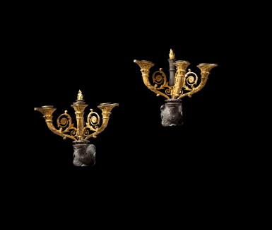 View full screen - View 1 of Lot 243. A pair of patinated and gilt-bronze three-light wall lights, Louis Philippe, circa 1840 Paire d'appliques à trois lumières en bronze patiné et doré d'époque Louis Philippe, vers 1840.
