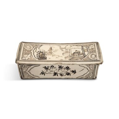 View full screen - View 1 of Lot 325. An inscribed rectangular painted 'Cizhou' 'figural' pillow, Northern Song - Yuan dynasty | 北宋至元 磁州窰白地黑花開光人物故事圖枕 《漳濱逸人製》款.