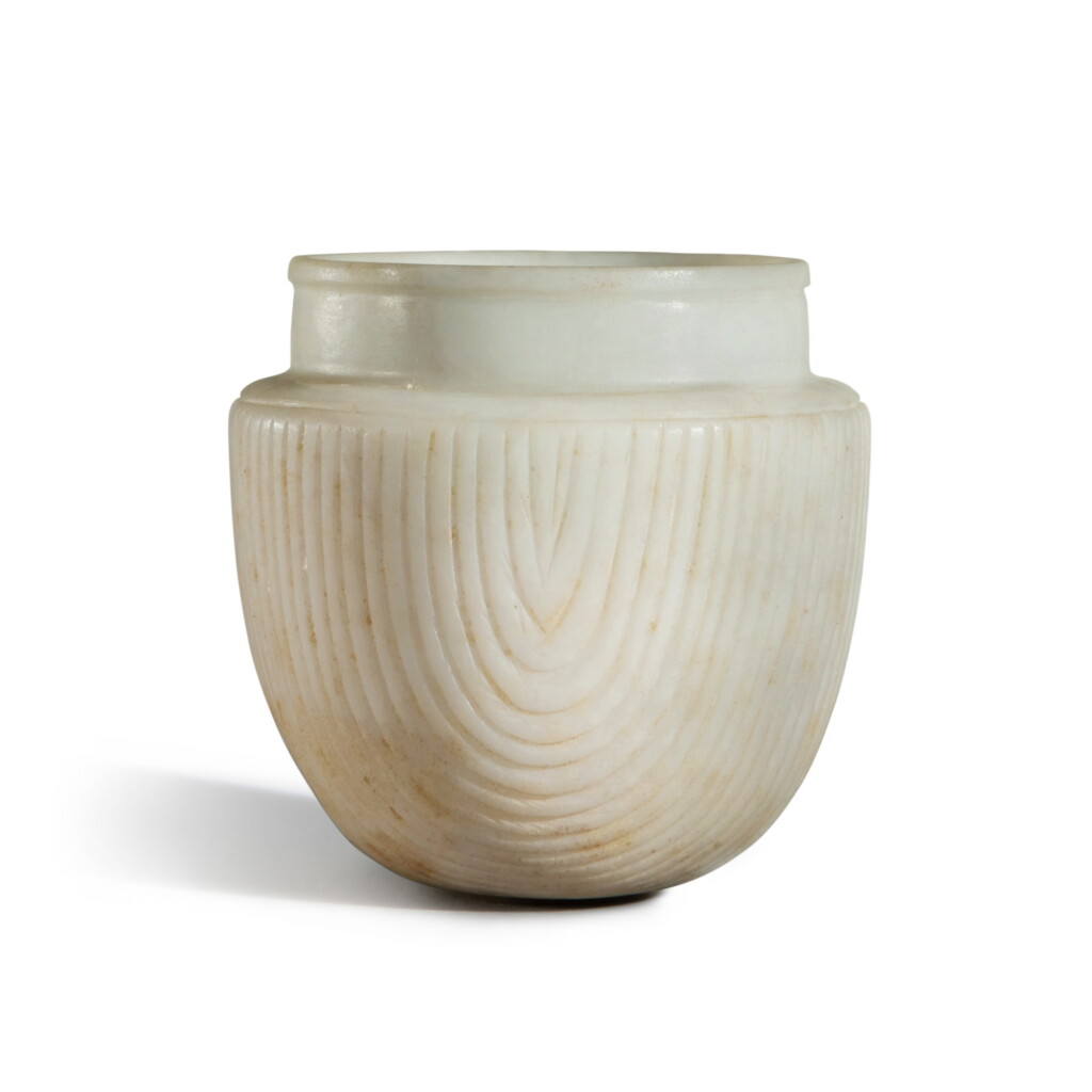 View full screen - View 1 of Lot 8. An extremely rare white marble 'grain measure' cup, Song dynasty | 宋 大理石柳斗紋盃.