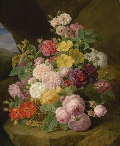 View full screen - View 1 of Lot 720. Jan Frans van Dael | A STILL LIFE OF ROSES, PEONIES, AND OTHER FLOWERS ON A LEDGE.
