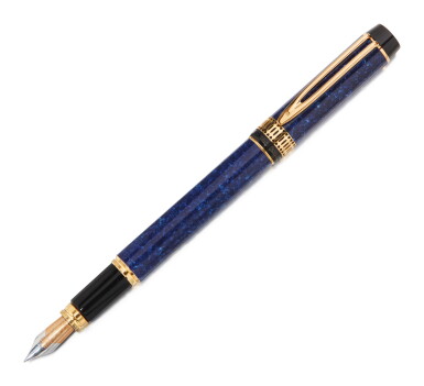 View full screen - View 1 of Lot 119. WATERMAN | A LAPIS BLUE MARBLED RESIN FOUNTAIN PEN WITH GOLD ACCENTS, CIRCA 1990.
