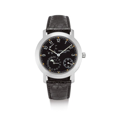 View full screen - View 1 of Lot 2054. PATEK PHILIPPE | REFERENCE 5055 A WHITE GOLD WRISTWATCH WITH DATE, MOON PHASES AND POWER RESERVE INDICATION, CIRCA 1998" | 百達翡麗 | 型號5055 白金腕錶,備日期、月相及動力儲備顯示,機芯編號3109151,錶殼編號4023181,約1998年製".