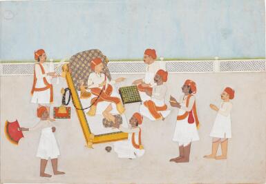 View full screen - View 1 of Lot 184. A nobleman playing chess on a terrace, circle of Sahib Ram, India, Rajasthan, Jaipur, circa 1780.
