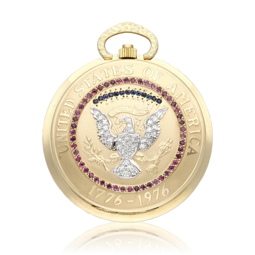 View full screen - View 1 of Lot 425. Reference BC6’110 Bicentennial | A yellow gold, diamond, ruby and sapphire-set hunting cased watch, Circa 1976.