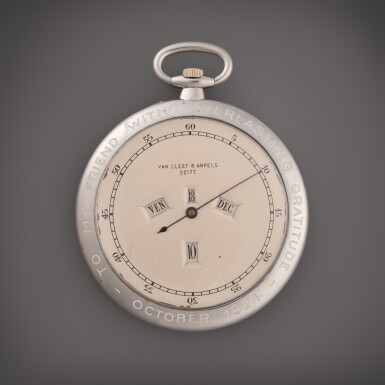 View full screen - View 1 of Lot 487. A white gold triple calendar jump hour open faced watch, Circa 1924.