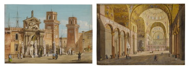 View full screen - View 1 of Lot 625. CARLO GRUBACS | A VIEW OF THE ENTRANCE TO THE ARSENAL, VENICE; A VIEW OF THE INTERIOR OF THE BASILICA DI SAN MARCO, VENICE.