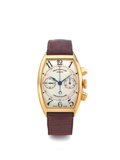 View full screen - View 1 of Lot 85. FRANCK MULLER | REF 5850 CC AC, A PINK GOLD TONNEAU FORM AUTOMATIC CHRONOGRAPH WRISTWATCH CIRCA 1995 .