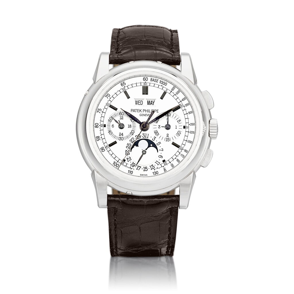 View full screen - View 1 of Lot 2256. Reference 5970 | A white gold perpetual calendar chronograph wristwatch with day, date, moon phases, 24 hours and leap year indication, Circa 2006 | 百達翡麗 | 型號5970 | 白金萬年曆計時腕錶,備日期、星期、月相、24小時及閏年顯示,約2006年製.
