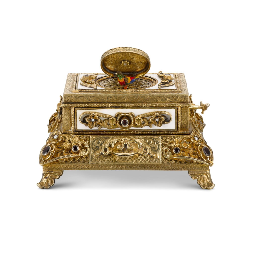 View full screen - View 1 of Lot 119. A jewelled silver-gilt and enamel singing bird box, possibly Hungarian, 1970s, .
