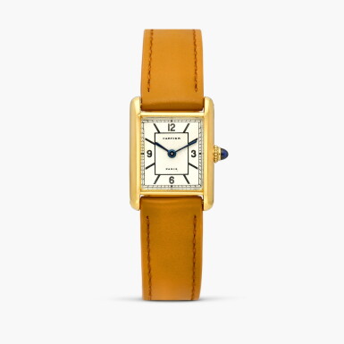 View full screen - View 1 of Lot 2498. New York retailed | Tank L.C. | A rectangular yellow gold wristwatch with unusual sector dial and gold deployant buckle, Circa 1968.