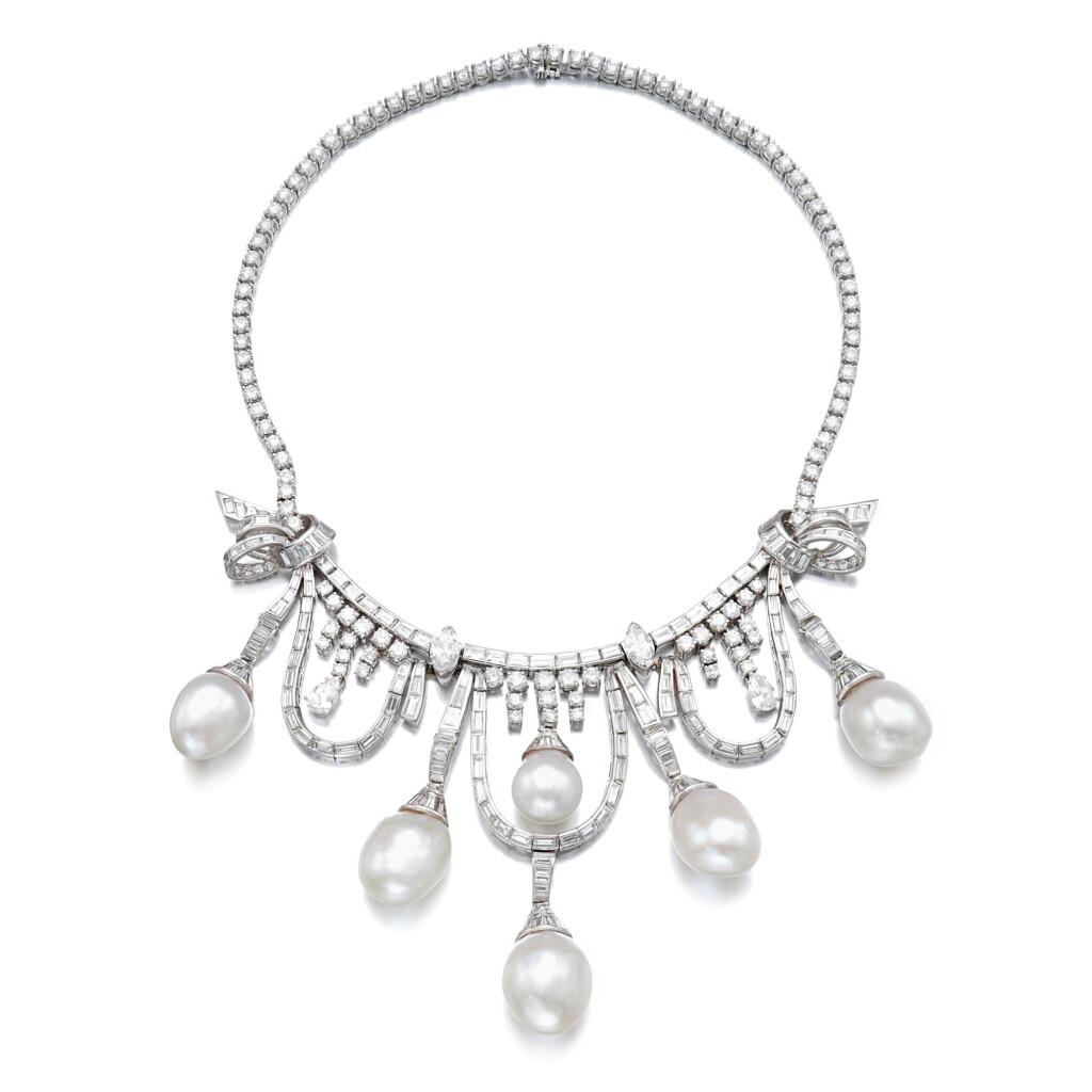 View full screen - View 1 of Lot 947. Cultured pearl and diamond necklace, 1950s.