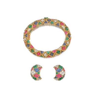 View full screen - View 1 of Lot 202. Colored Stone and Diamond Bracelet and Pair of Earclips.