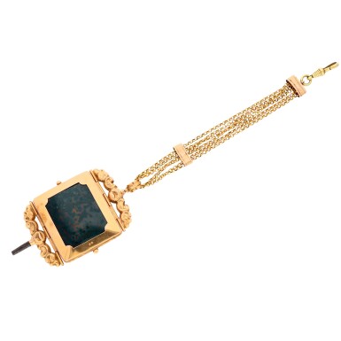 View full screen - View 1 of Lot 250. A large gold and agate mounted watch key with chain 19th century.