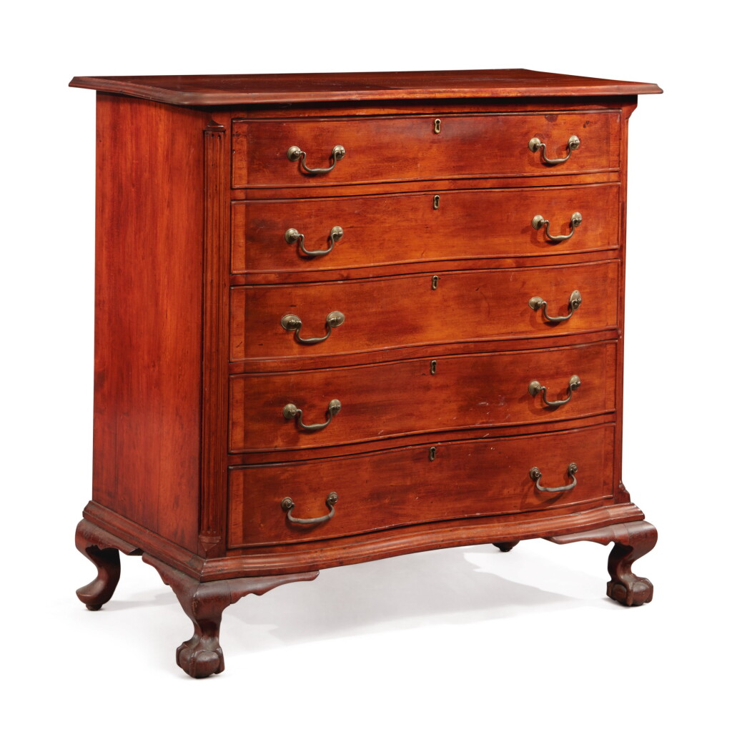 View full screen - View 1 of Lot 62. Rare Chippendale Carved Blocked-End Reverse-Serpentine Cherrywood Chest of Drawers, probably Housatonic Valley, Litchfield County, Connecticut, circa 1785.