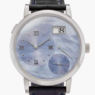 View full screen - View 1 of Lot 85. Reference 117.040 Grande Lange 1 'Dubail Edition' | A white gold wristwatch with date, power reserve, and blue mother-of-pearl dial, made for Paris retailer Dubail in a limited edition of 25 pieces, Circa 2017.