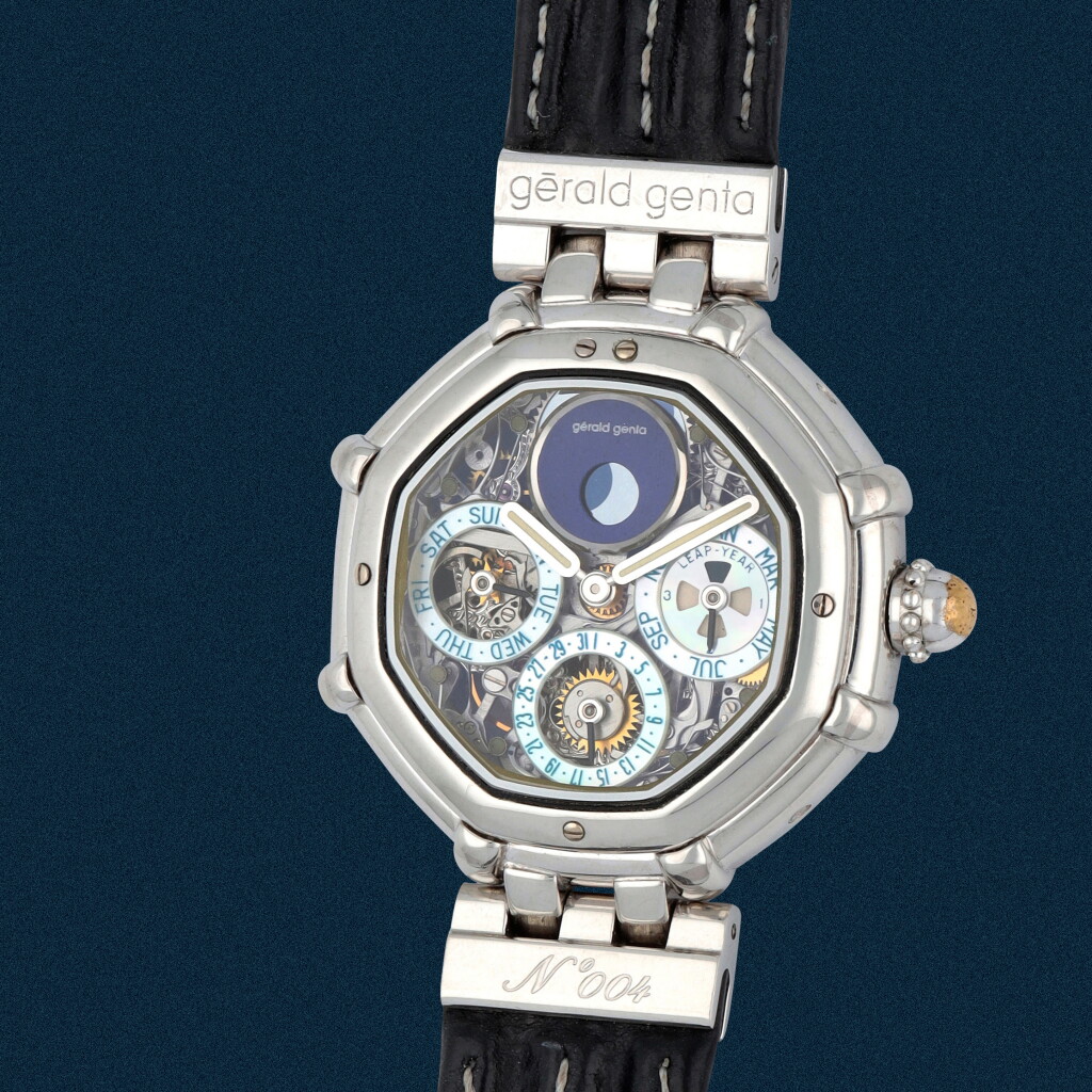 View full screen - View 1 of Lot 18. Retailed by Graff: Reference G.3359.4 | A platinum, lapis lazuli and mother-of-pearl skeletonized perpetual calendar wristwatch with moon phases and leap year indication | Circa 1995 .
