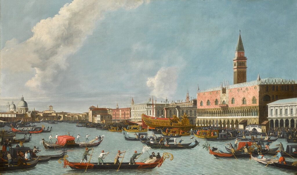 View full screen - View 1 of Lot 166. ENGLISH FOLLOWER OF CANALETTO | VENICE, A VIEW OF THE PALAZZO DUCALE FROM THE BACINO, WITH THE BUCINTORO RETURNING TO THE MOLO ON ASCENSION DAY.