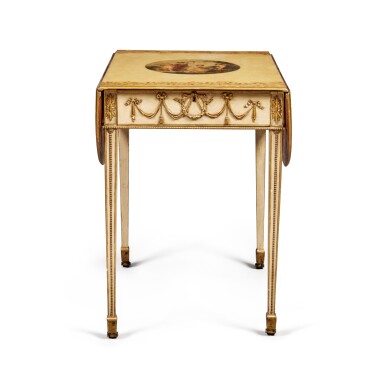 View full screen - View 1 of Lot 68. A George III Cream and Polychrome-Painted Parcel-Gilt Pembroke Table attributed to George Brookshaw, Circa 1785-88.