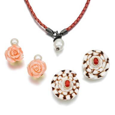 View full screen - View 1 of Lot 91. Pair of coral and cultured pearl earrings.