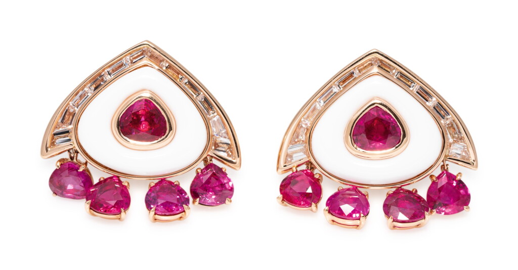 View full screen - View 1 of Lot 34. MARINA B PAIR OF RUBY, DIAMOND AND COCHOLONG EARCLIPS.